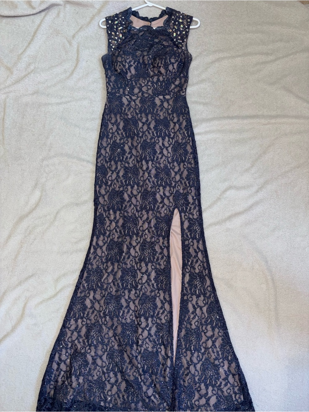 David's Bridal Blue, long, formal dress
